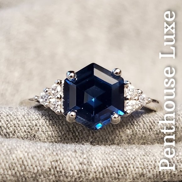 Penthouse Luxe Jewelry - SOLID 925 Sterling Silver London Blue Topaz Hexagon White Topaz Ring